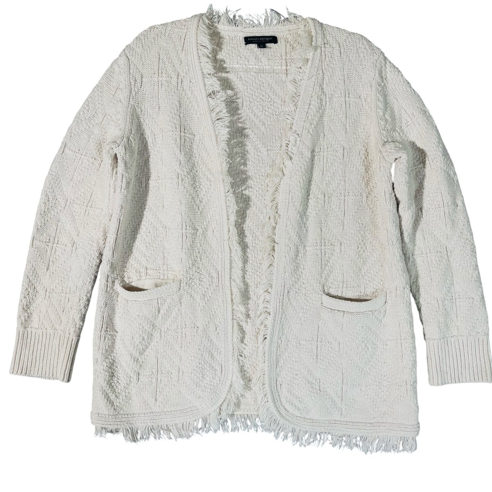 Banana Republic Womens Heritage Coastal Cardigan M Organic Cotton Fringe Ivory